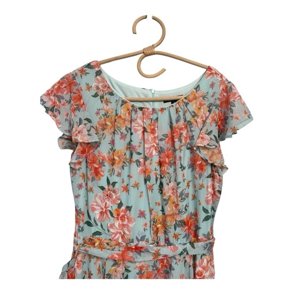 R&K Blue Coral Tiered Ruffle Flutter Sleeve Tie Waist Maxi Dress NEW Feminine - Picture 5 of 14